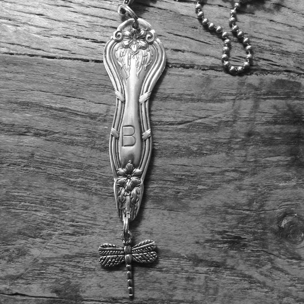 Silverplate Spoon Handle Necklace pendant Initial B & dragonfly handcrafted